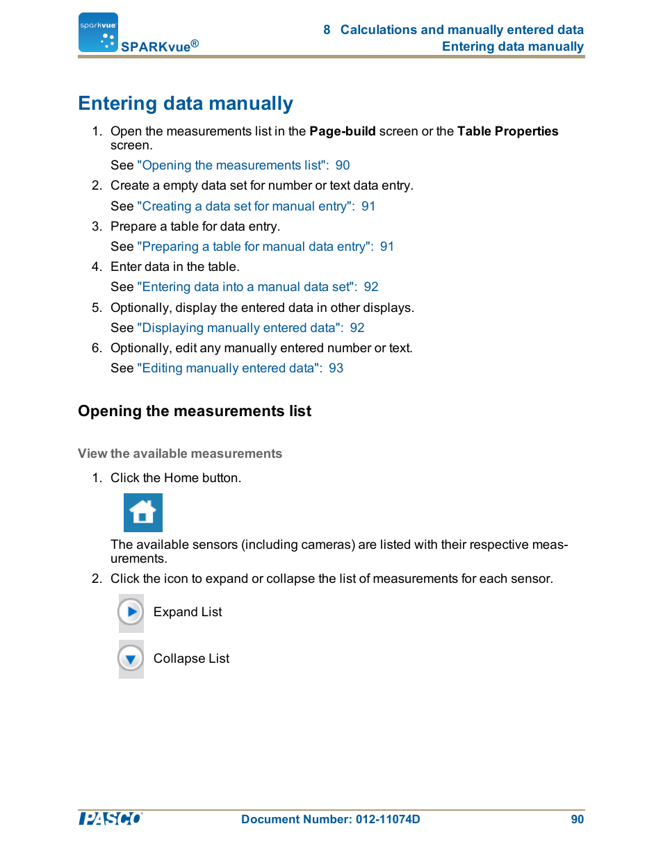 Entering data manually, Opening the measurements list, View the available measurements | Entering data manually": 90 | PASCO SPARKvue ver.2.0 User Manual | Page 102 / 118