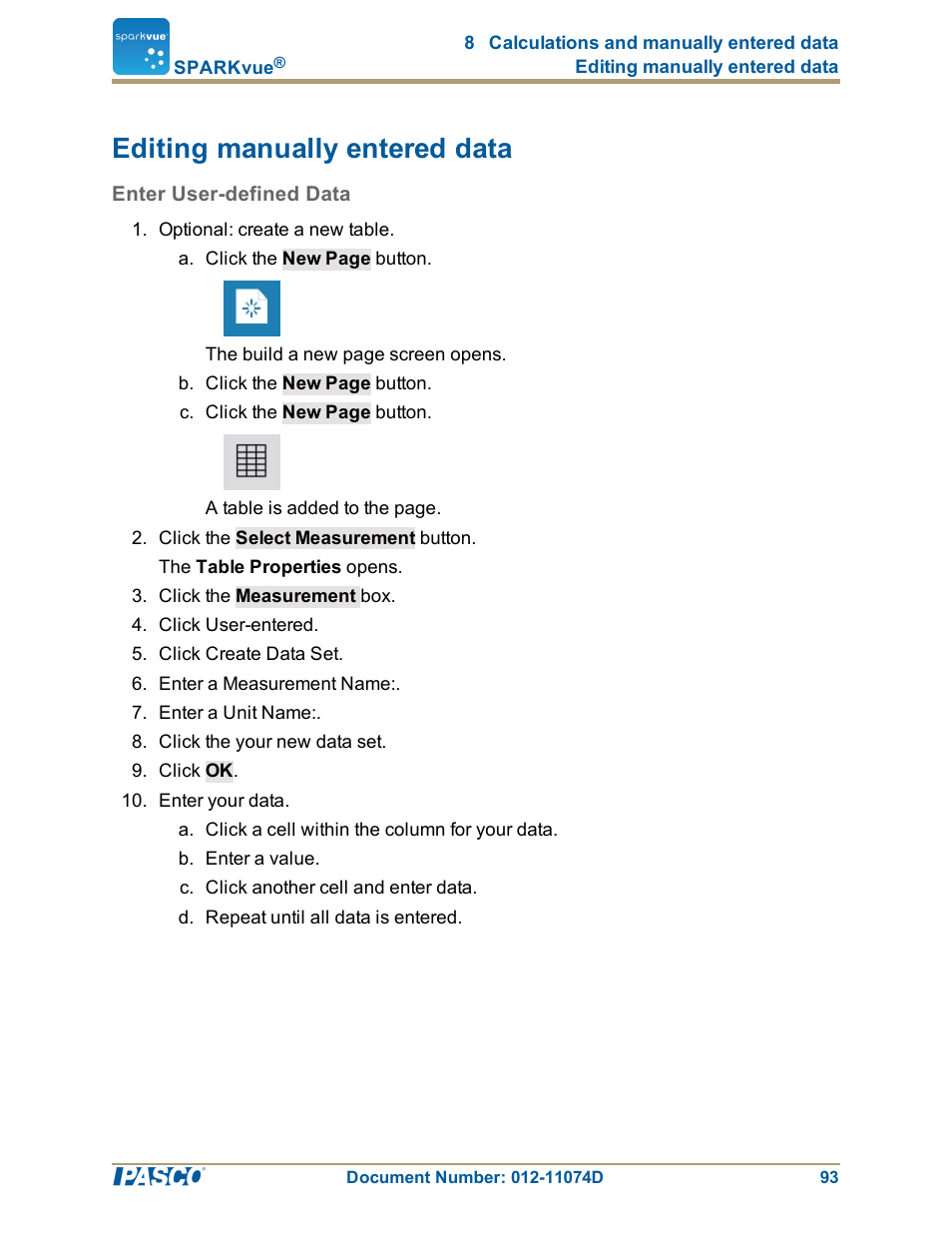 Editing manually entered data, Enter user-defined data, Editing manually entered data": 93 | PASCO SPARKvue ver.2.0 User Manual | Page 105 / 118
