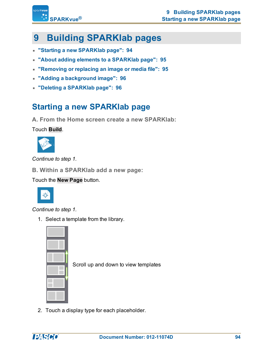 A. from the home screen create a new sparklab, 9 building sparklab pages, Starting a new sparklab page | PASCO SPARKvue ver.2.0 User Manual | Page 106 / 118