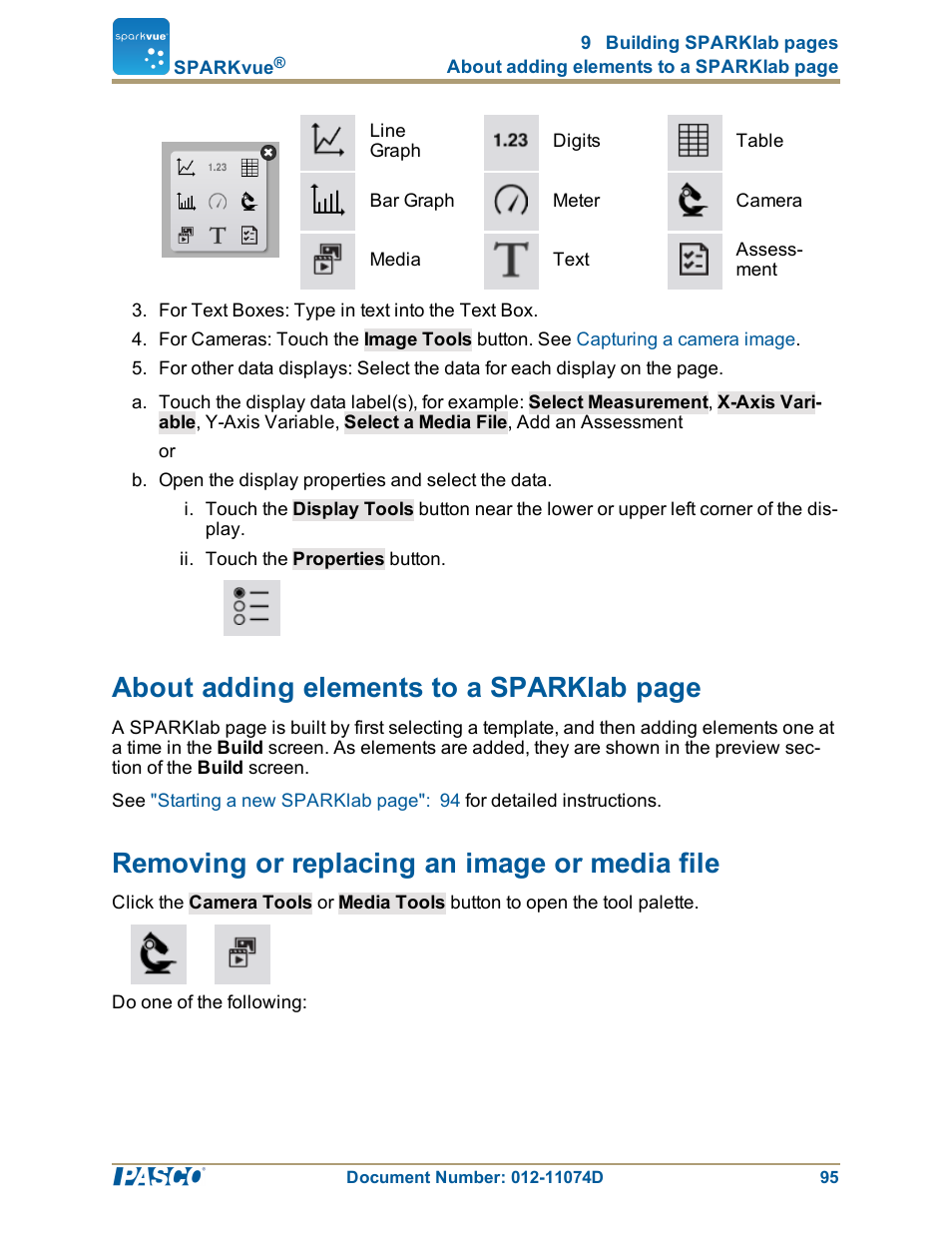 Removing or replacing an image or media file, Removing or replacing an image or media file": 95, About adding elements to a sparklab page | PASCO SPARKvue ver.2.0 User Manual | Page 107 / 118