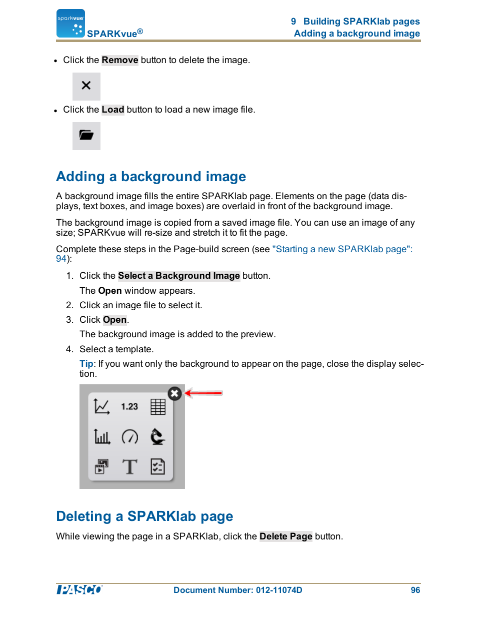 Adding a background image, Adding a background image": 96, Deleting a sparklab page | PASCO SPARKvue ver.2.0 User Manual | Page 108 / 118