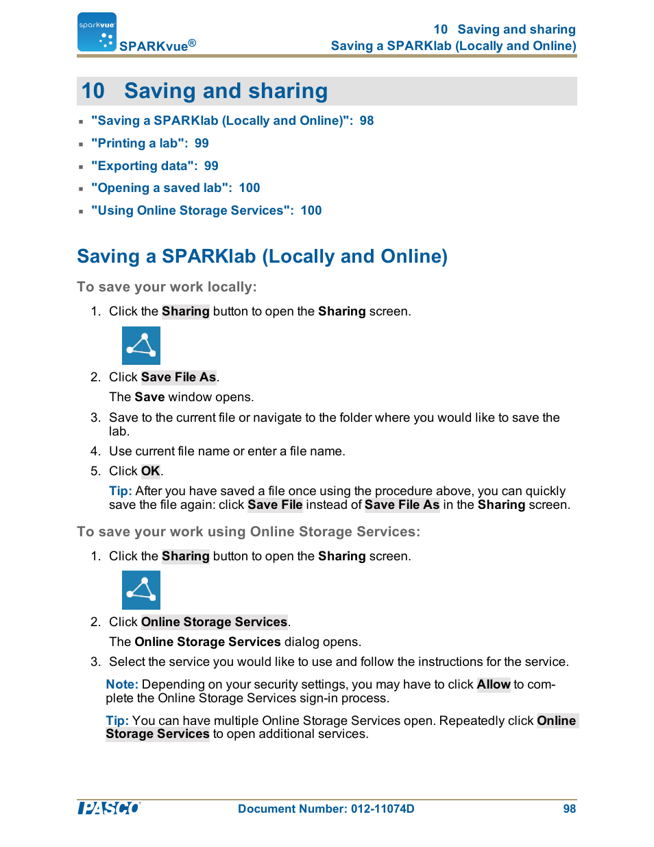 10 saving and sharing, Saving a sparklab (locally and online), To save your work locally | To save your work using online storage services | PASCO SPARKvue ver.2.0 User Manual | Page 110 / 118