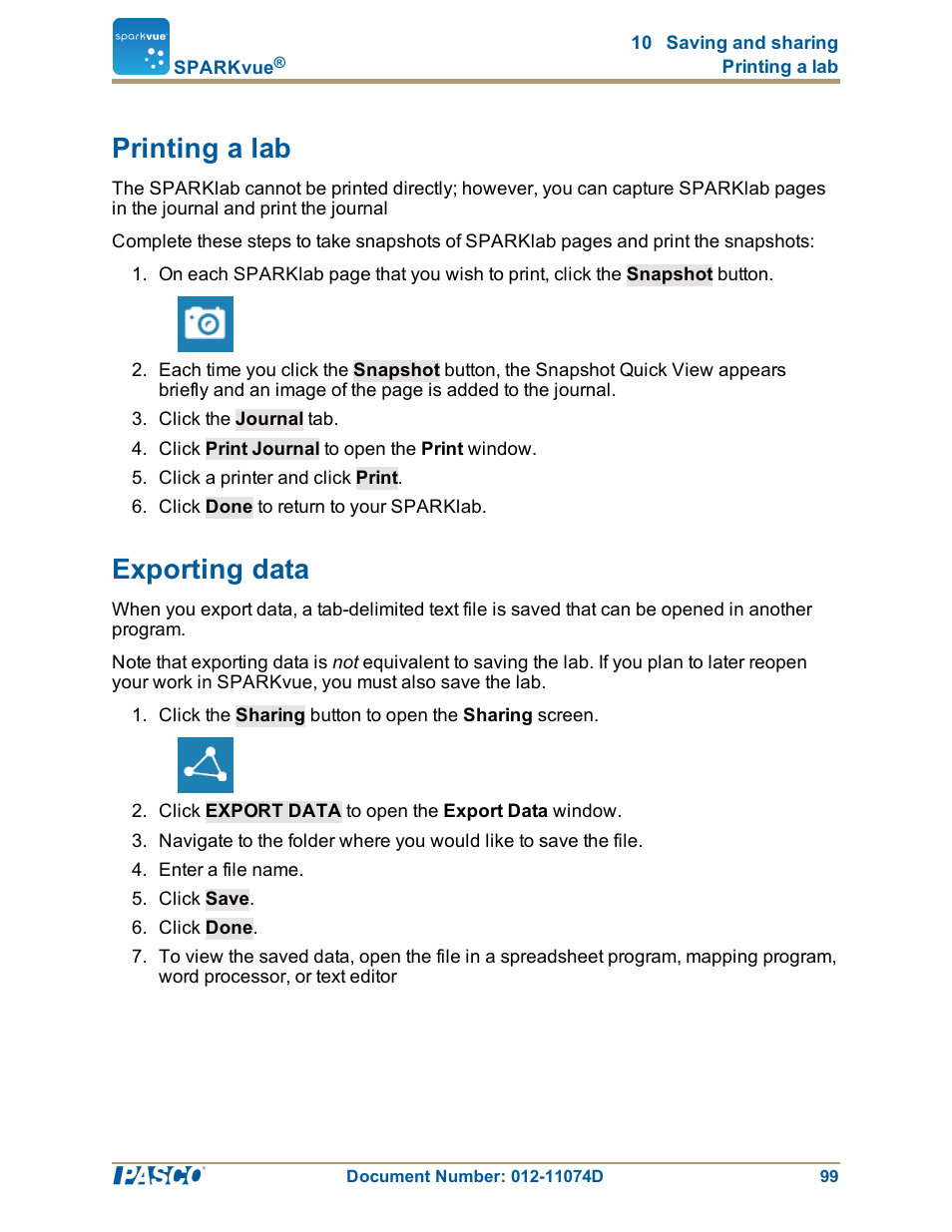 Printing a lab, Exporting data, Printing a lab": 99 | Exporting data": 99 | PASCO SPARKvue ver.2.0 User Manual | Page 111 / 118