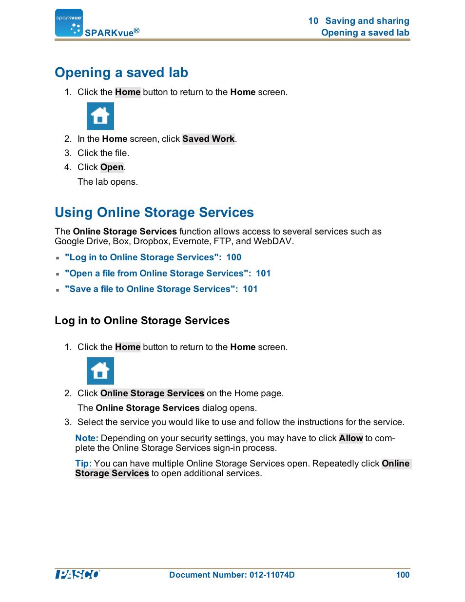 Opening a saved lab, Using online storage services, Log in to online storage services | Opening a saved lab": 100, Using online storage services": 100 | PASCO SPARKvue ver.2.0 User Manual | Page 112 / 118