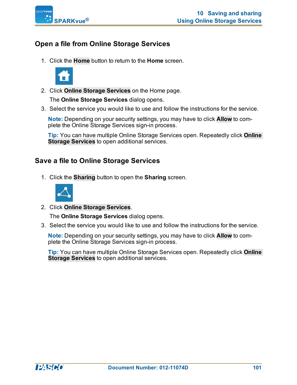 Open a file from online storage services, Save a file to online storage services | PASCO SPARKvue ver.2.0 User Manual | Page 113 / 118