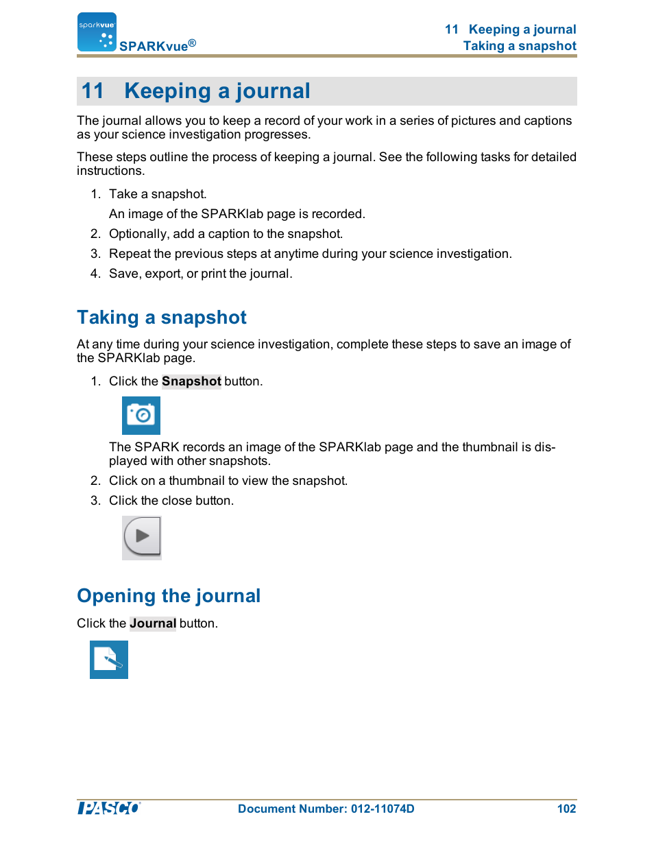 11 keeping a journal, Taking a snapshot, Opening the journal | PASCO SPARKvue ver.2.0 User Manual | Page 114 / 118