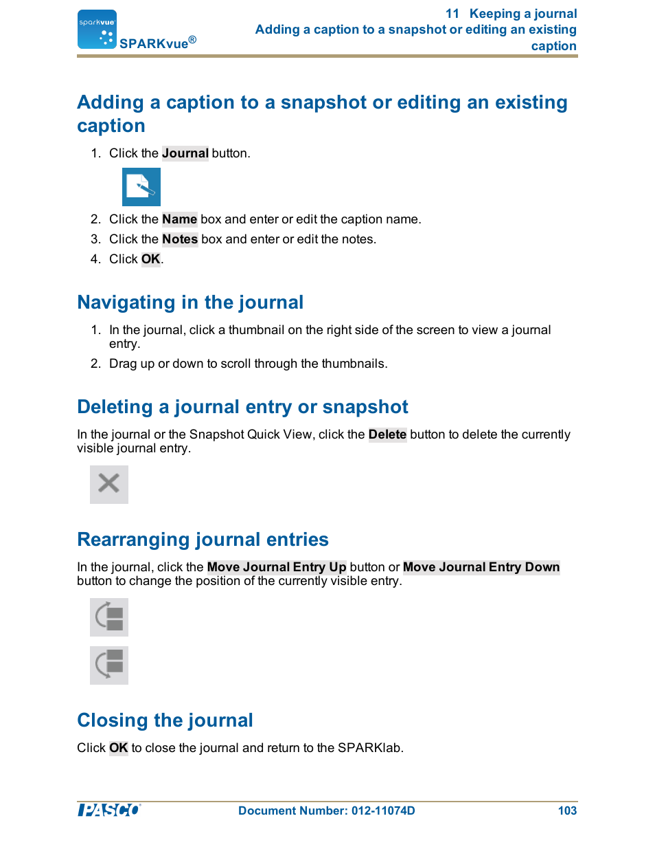 Navigating in the journal, Deleting a journal entry or snapshot, Rearranging journal entries | Closing the journal | PASCO SPARKvue ver.2.0 User Manual | Page 115 / 118