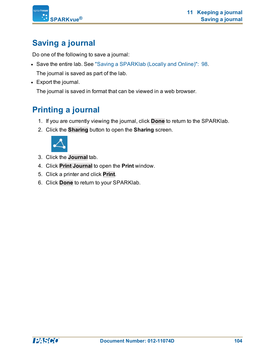 Saving a journal, Printing a journal | PASCO SPARKvue ver.2.0 User Manual | Page 116 / 118