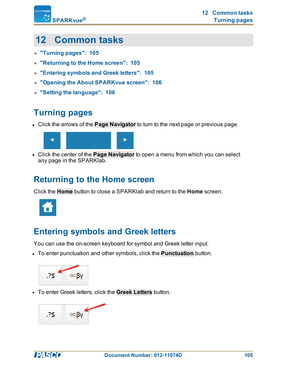 12 common tasks, Returning to the home screen, Entering symbols and greek letters | Turning pages | PASCO SPARKvue ver.2.0 User Manual | Page 117 / 118