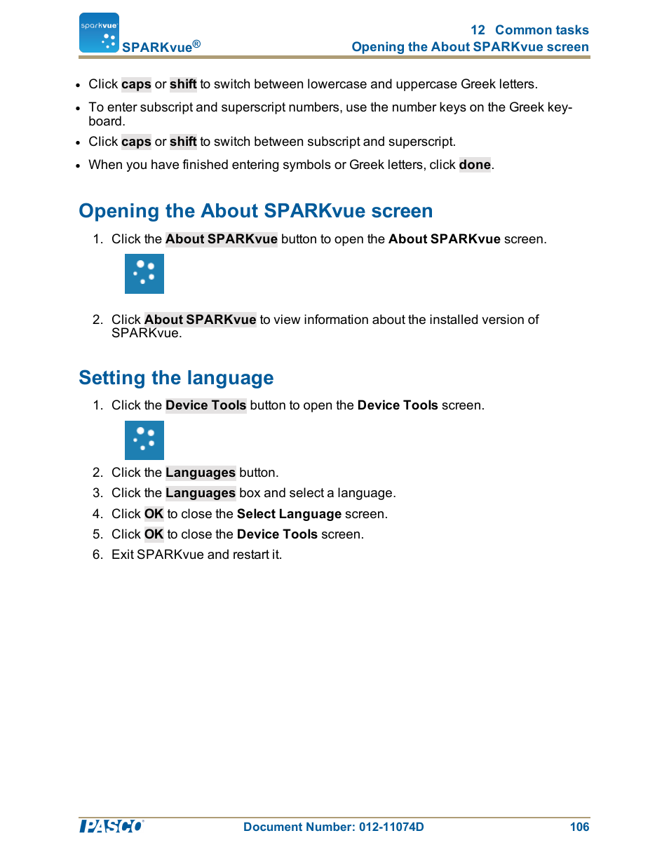 Opening the about sparkvue screen, Setting the language, Opening the about sparkvue screen": 106 | Setting the language": 106 | PASCO SPARKvue ver.2.0 User Manual | Page 118 / 118
