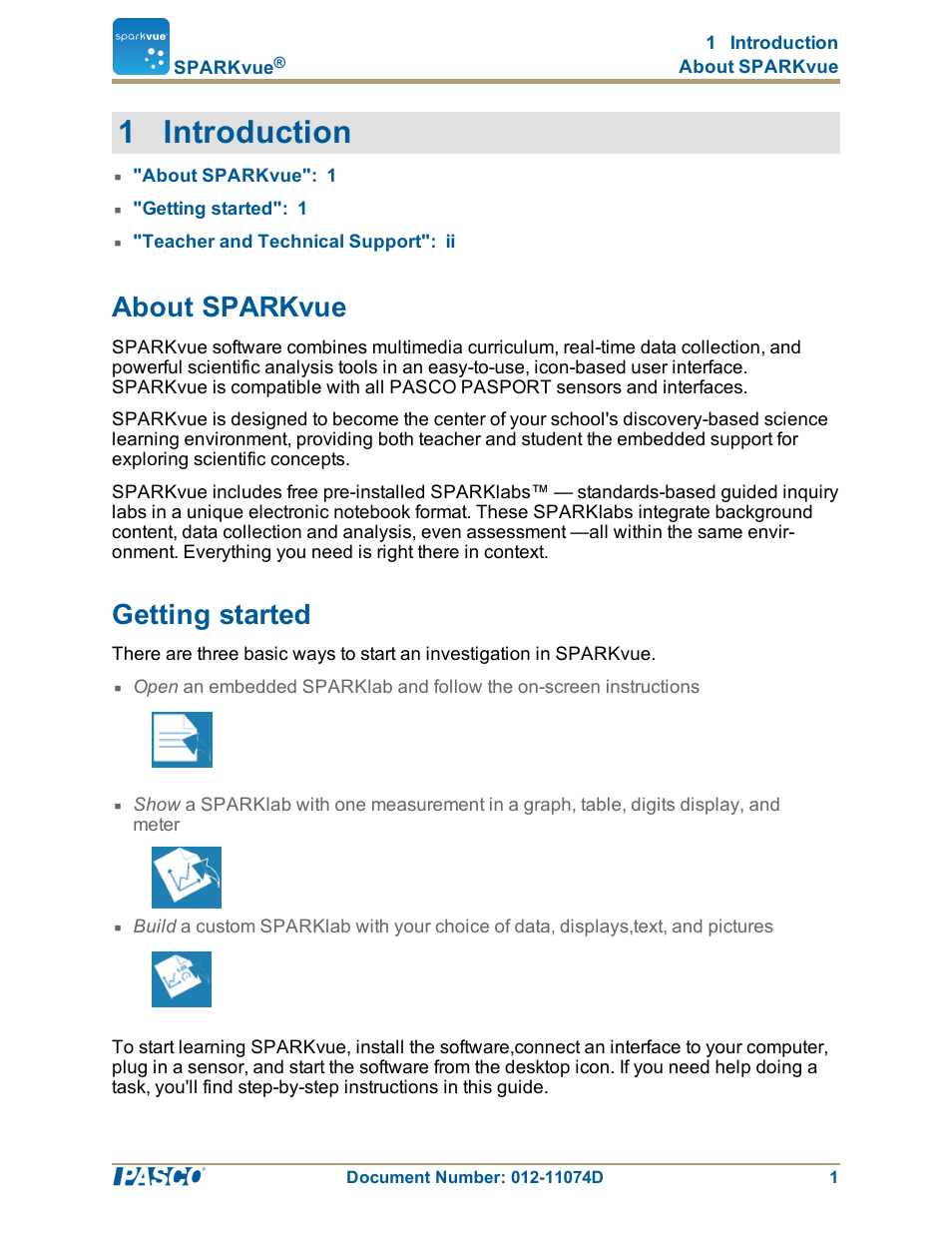 1 introduction, About sparkvue, Getting started | PASCO SPARKvue ver.2.0 User Manual | Page 13 / 118
