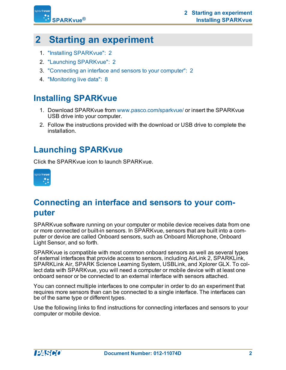 2 starting an experiment, Installing sparkvue, Launching sparkvue | PASCO SPARKvue ver.2.0 User Manual | Page 14 / 118