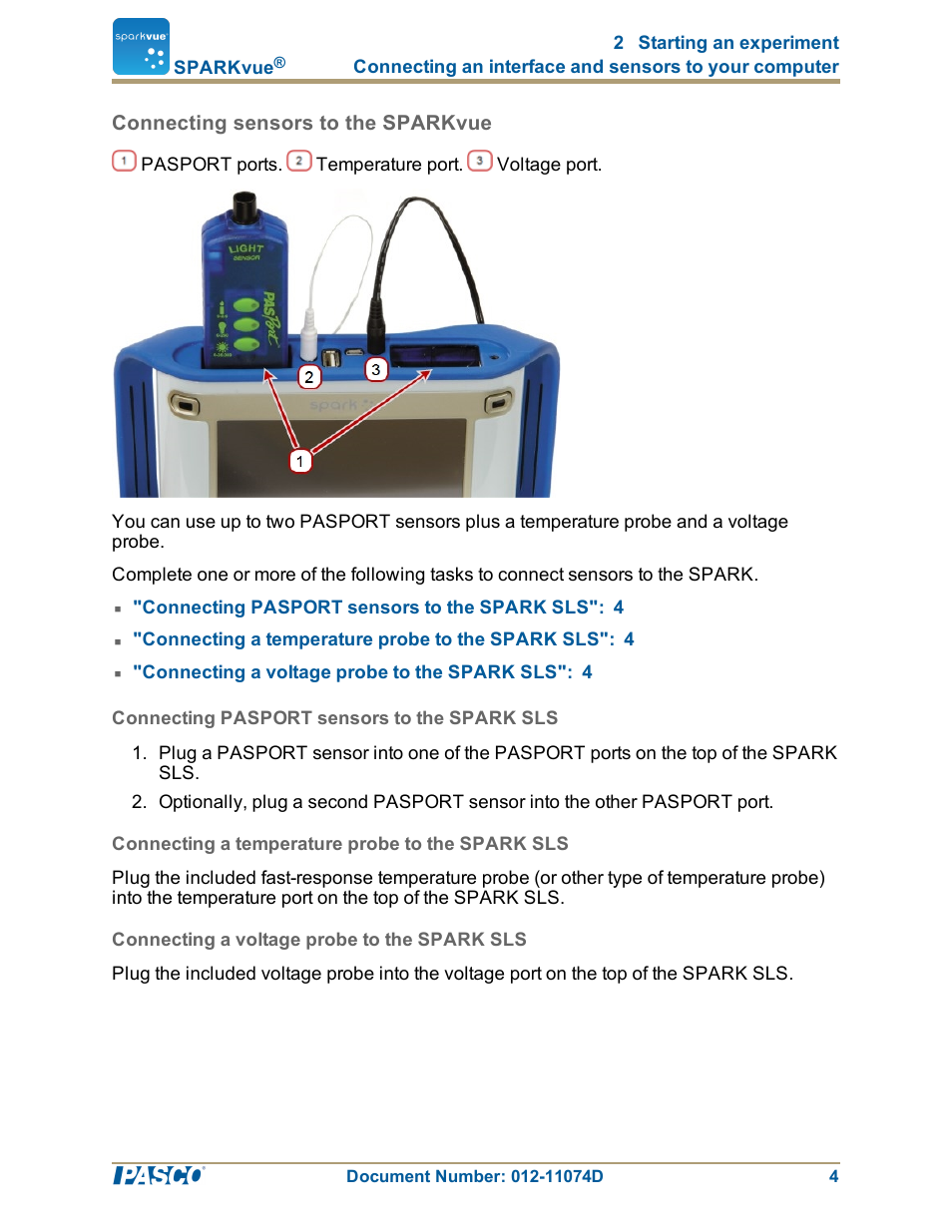 Connecting sensors to the sparkvue, Connecting pasport sensors to the spark sls, Connecting a temperature probe to the spark sls | Connecting a voltage probe to the spark sls, Connecting sensors to the sparkvue": 4 | PASCO SPARKvue ver.2.0 User Manual | Page 16 / 118