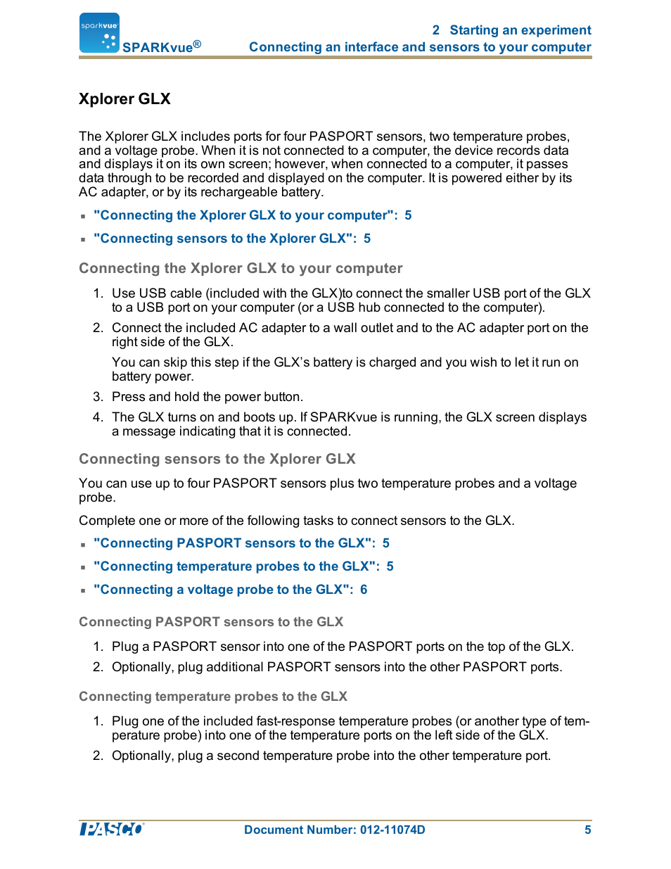 Xplorer glx, Connecting the xplorer glx to your computer, Connecting sensors to the xplorer glx | Connecting pasport sensors to the glx, Connecting temperature probes to the glx, Xplorer glx": 5 | PASCO SPARKvue ver.2.0 User Manual | Page 17 / 118