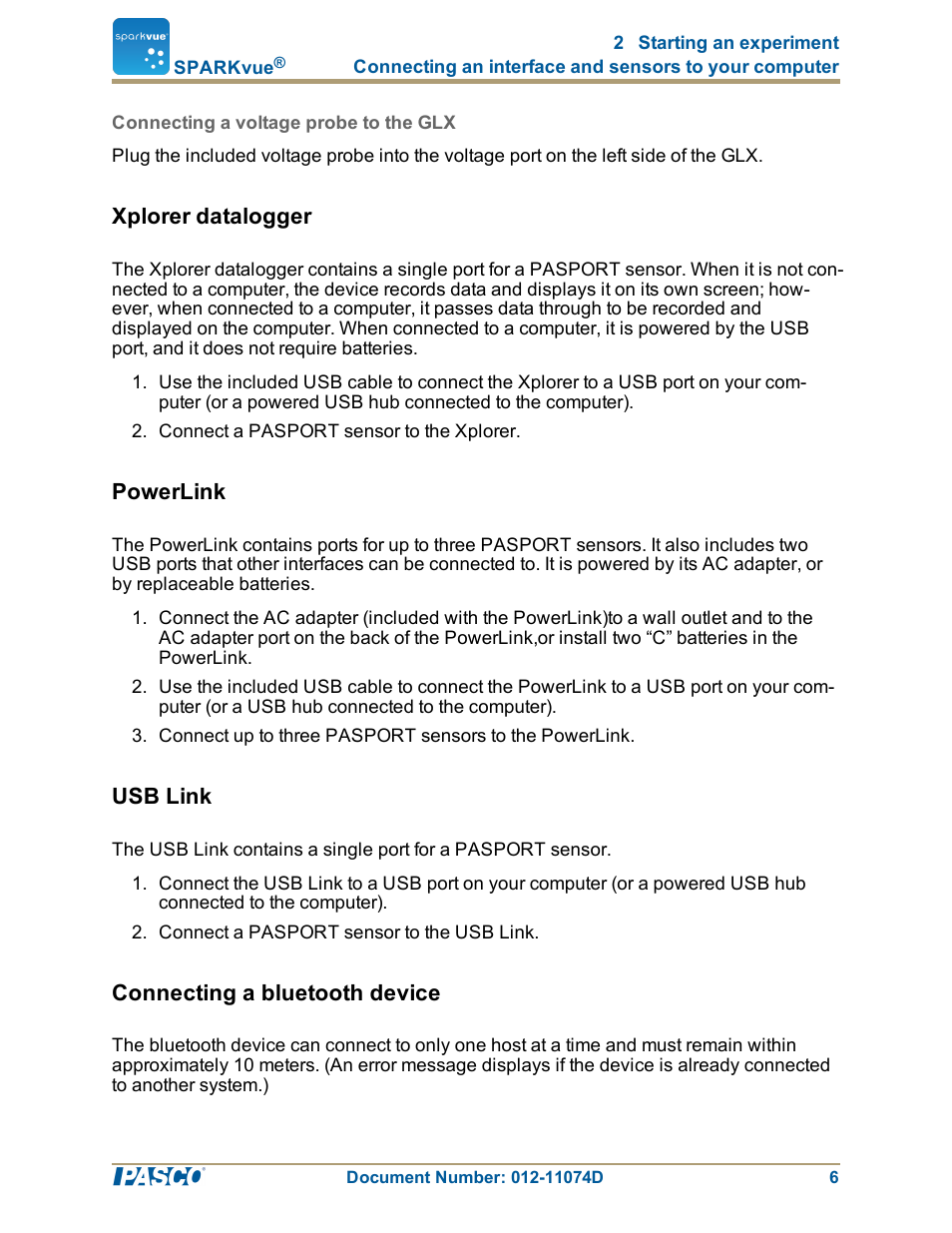 Connecting a voltage probe to the glx, Xplorer datalogger, Powerlink | Usb link, Connecting a bluetooth device, Xplorer datalogger": 6, Powerlink": 6, Usb link": 6, Connecting a bluetooth device": 6, Connecting a voltage probe to the glx": 6 | PASCO SPARKvue ver.2.0 User Manual | Page 18 / 118