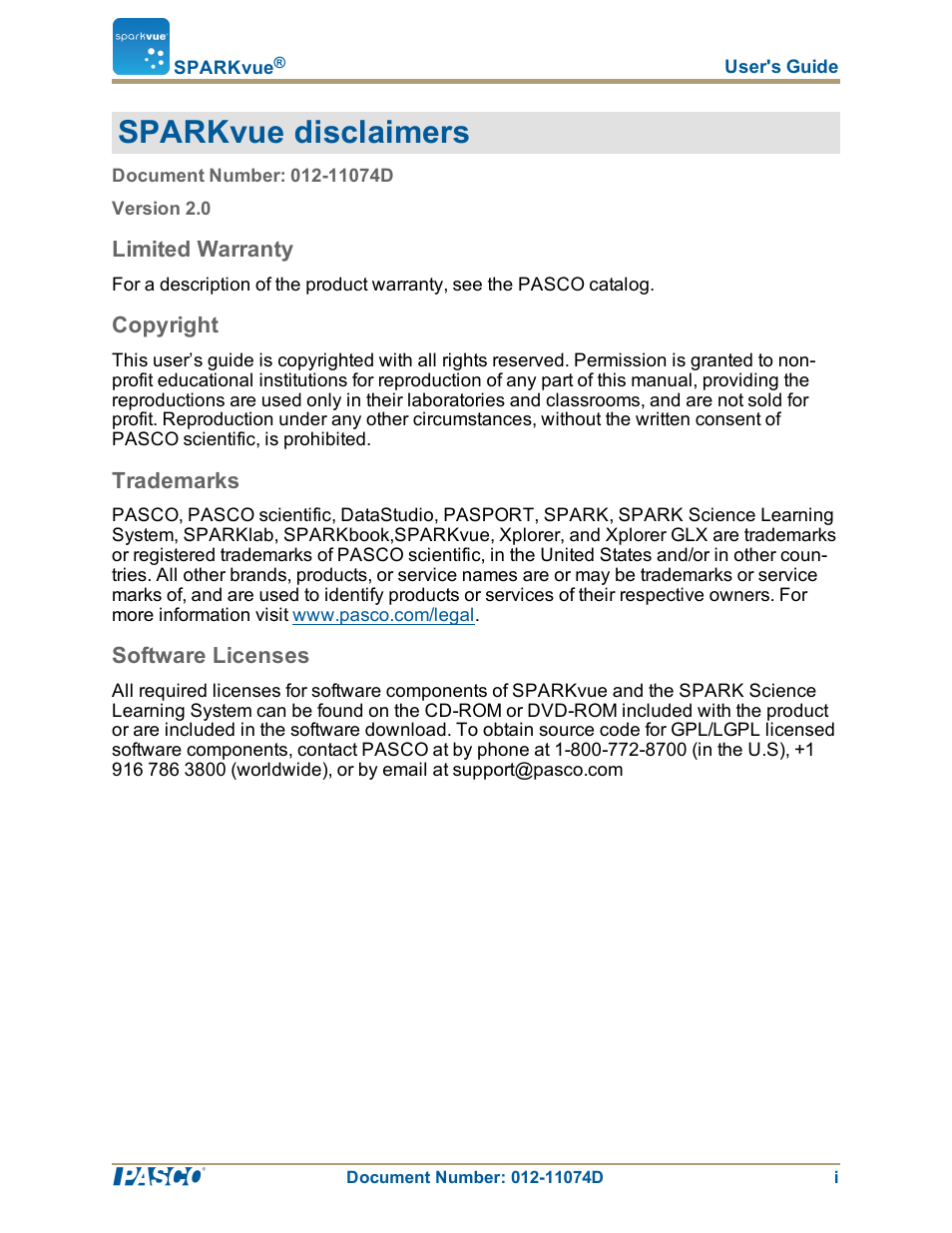 Sparkvue disclaimers | PASCO SPARKvue ver.2.0 User Manual | Page 2 / 118