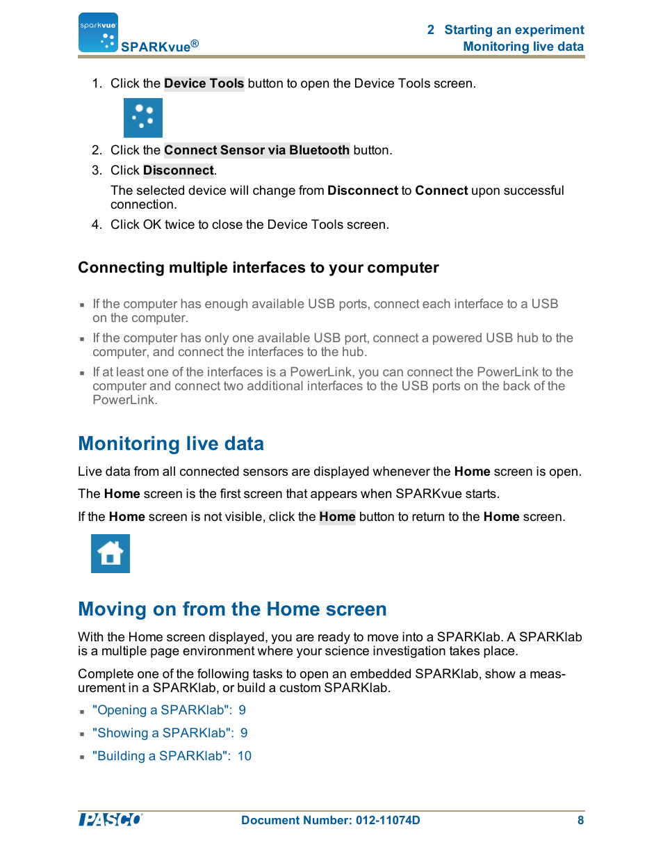 Connecting multiple interfaces to your computer, Monitoring live data, Moving on from the home screen | Monitoring live data": 8 | PASCO SPARKvue ver.2.0 User Manual | Page 20 / 118
