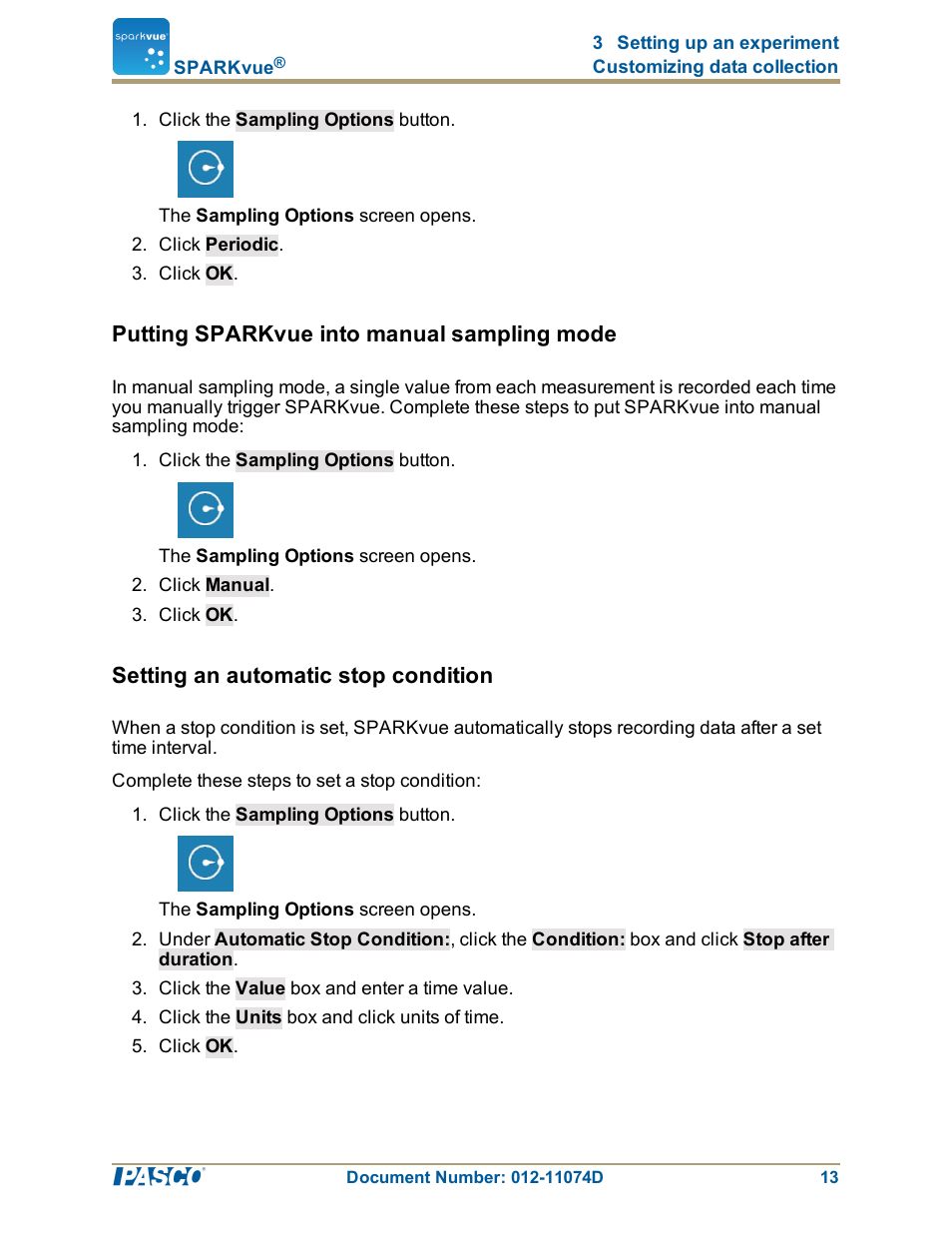 Putting sparkvue into manual sampling mode, Setting an automatic stop condition, Putting sparkvue into manual sampling mode": 13 | Setting an automatic stop condition": 13 | PASCO SPARKvue ver.2.0 User Manual | Page 25 / 118