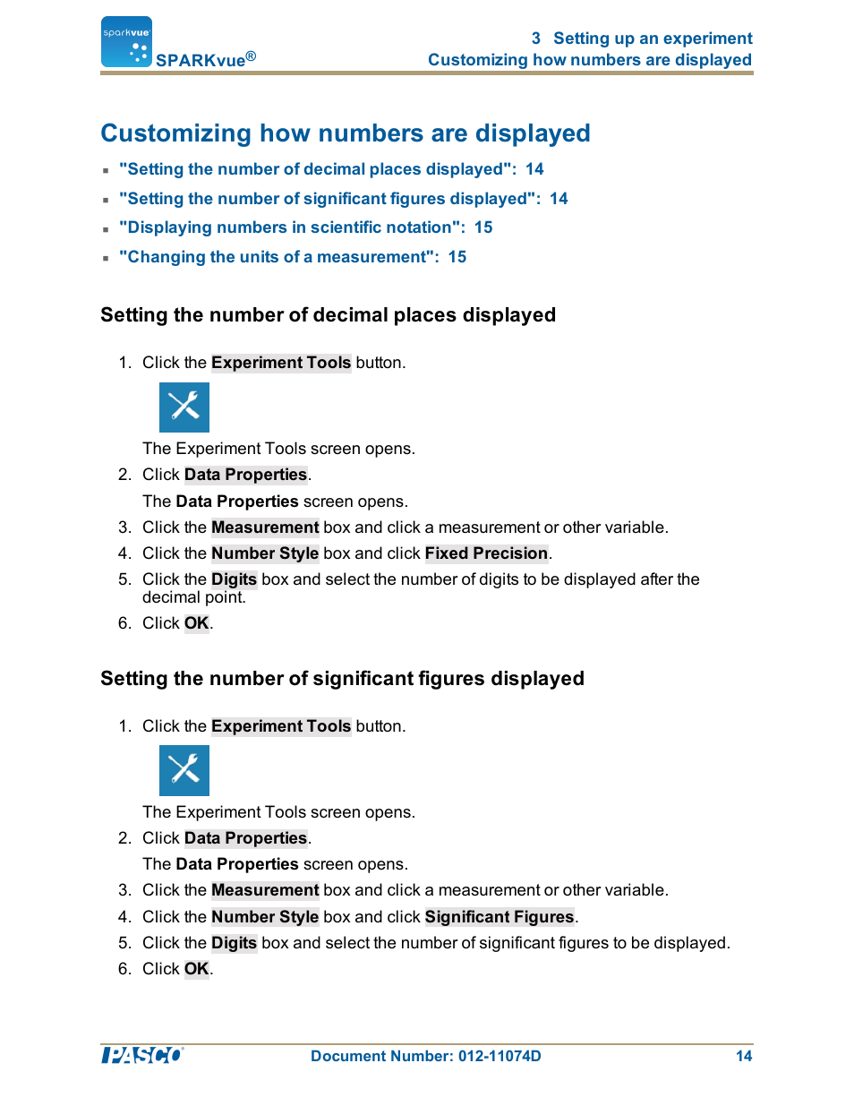 Customizing how numbers are displayed, Setting the number of decimal places displayed, Customizing how numbers are displayed": 14 | PASCO SPARKvue ver.2.0 User Manual | Page 26 / 118