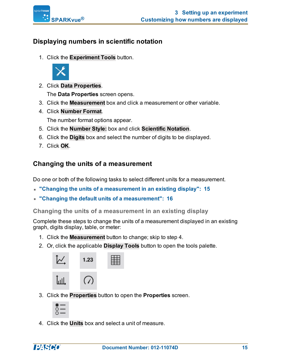 Displaying numbers in scientific notation, Changing the units of a measurement, Displaying numbers in scientific notation": 15 | Changing the units of a measurement": 15 | PASCO SPARKvue ver.2.0 User Manual | Page 27 / 118