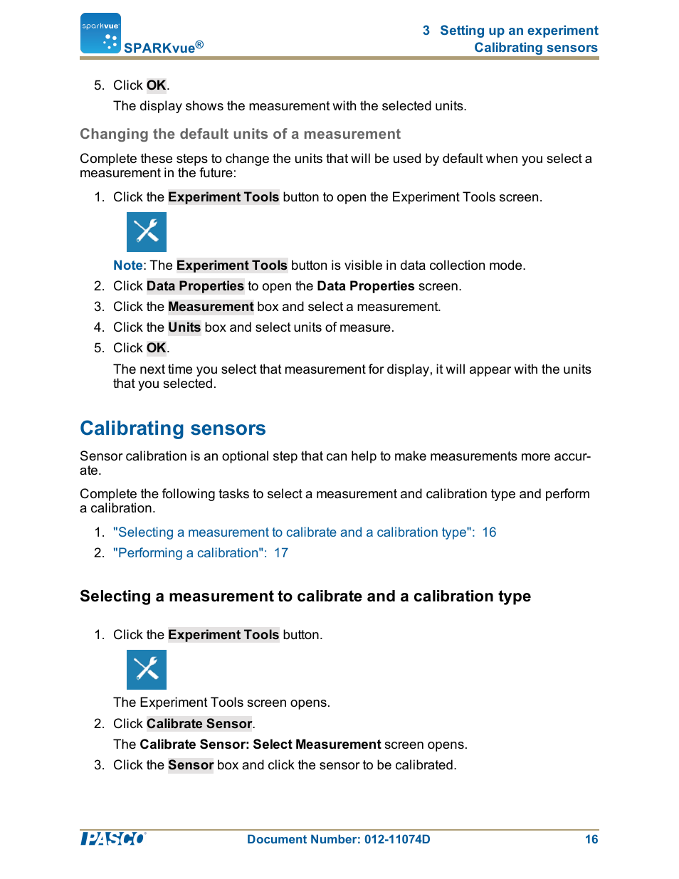 Changing the default units of a measurement, Calibrating sensors, Calibrating sensors": 16 | PASCO SPARKvue ver.2.0 User Manual | Page 28 / 118