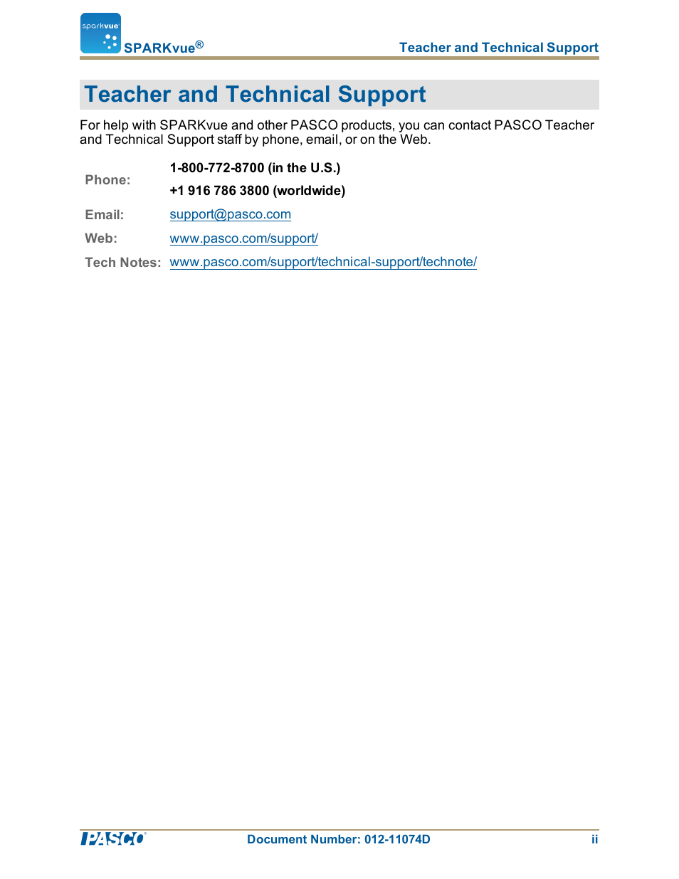 Teacher and technical support | PASCO SPARKvue ver.2.0 User Manual | Page 3 / 118