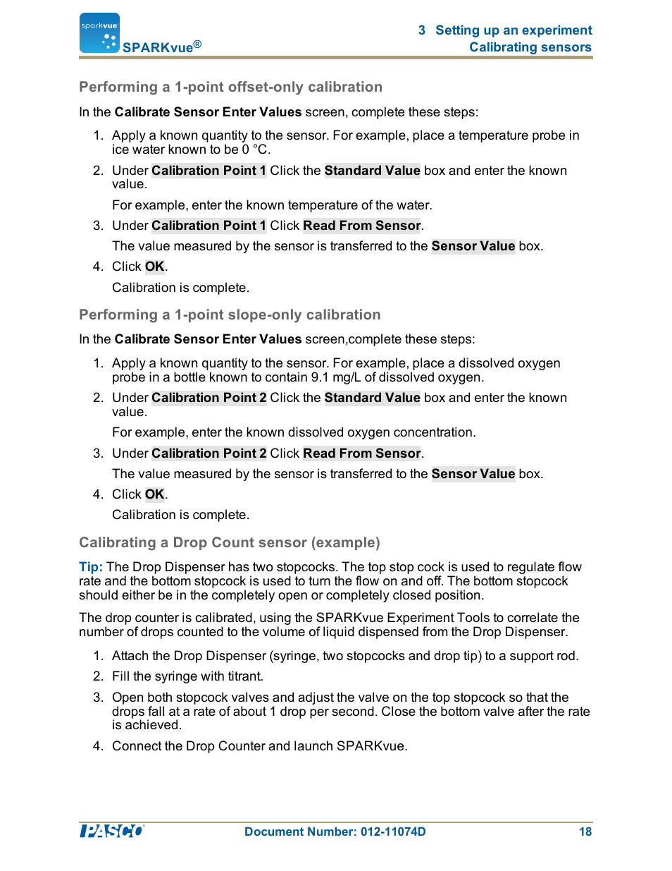 Performing a 1-point offset-only calibration, Performing a 1-point slope-only calibration, Calibrating a drop count sensor (example) | Performing a 1-point offset-only calibration": 18, Performing a 1-point slope-only calibration": 18, Calibrating a drop count sensor (example)": 18 | PASCO SPARKvue ver.2.0 User Manual | Page 30 / 118