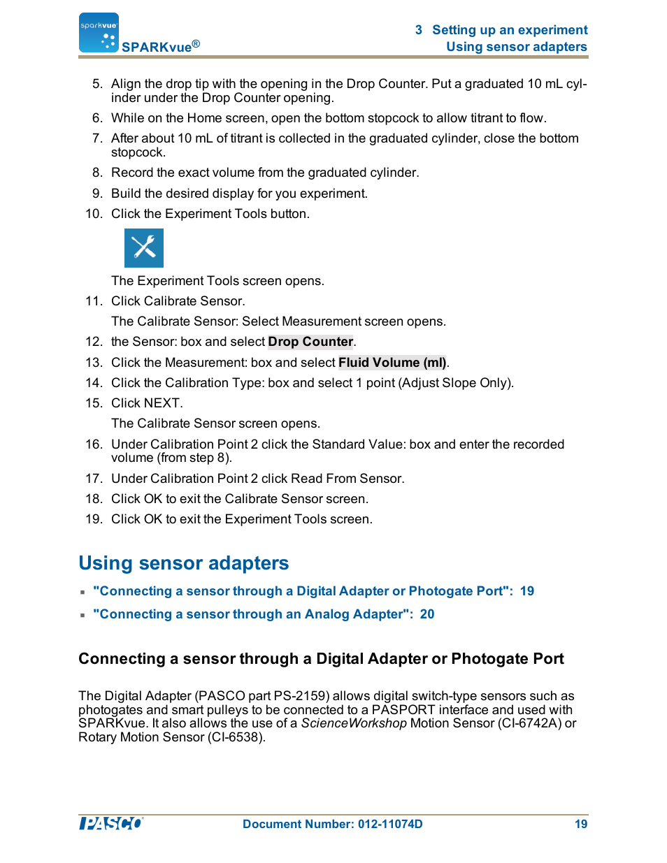 Using sensor adapters, Using sensor adapters": 19 | PASCO SPARKvue ver.2.0 User Manual | Page 31 / 118