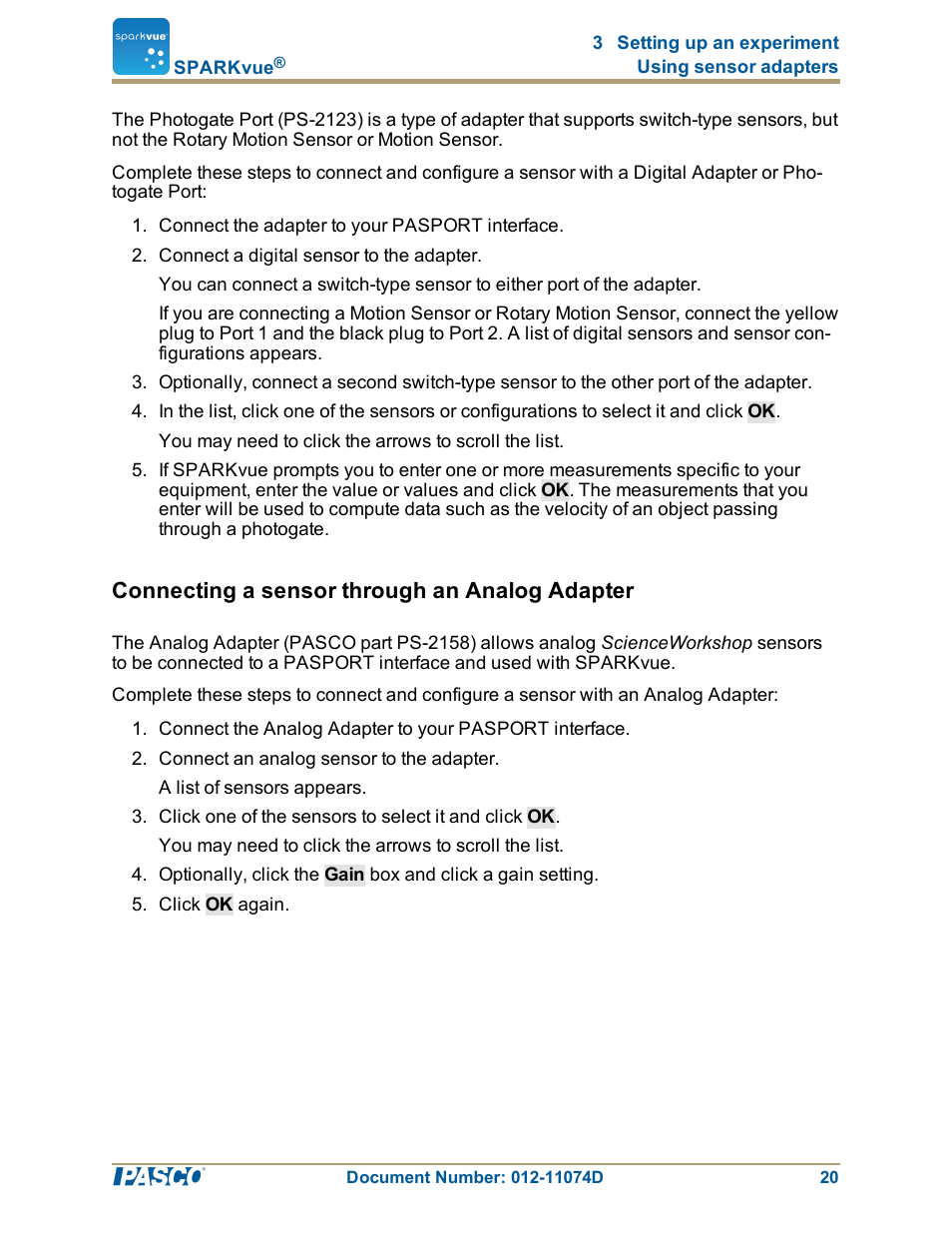Connecting a sensor through an analog adapter | PASCO SPARKvue ver.2.0 User Manual | Page 32 / 118
