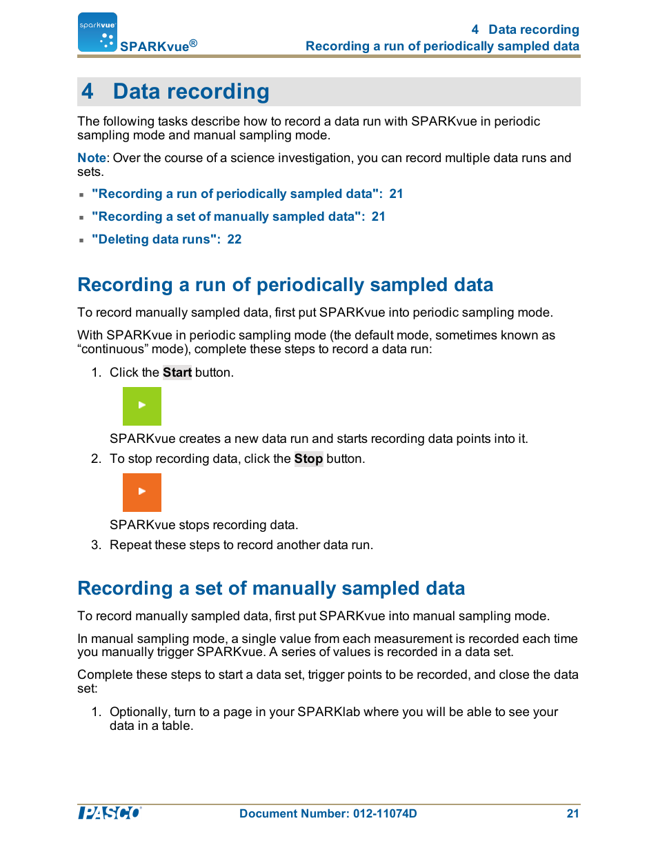 4 data recording, Recording a run of periodically sampled data, Recording a set of manually sampled data | PASCO SPARKvue ver.2.0 User Manual | Page 33 / 118