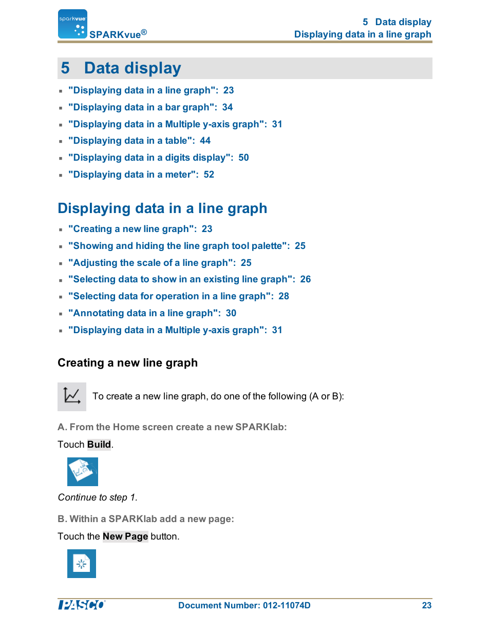 5 data display, Displaying data in a line graph, Creating a new line graph | A. from the home screen create a new sparklab | PASCO SPARKvue ver.2.0 User Manual | Page 35 / 118