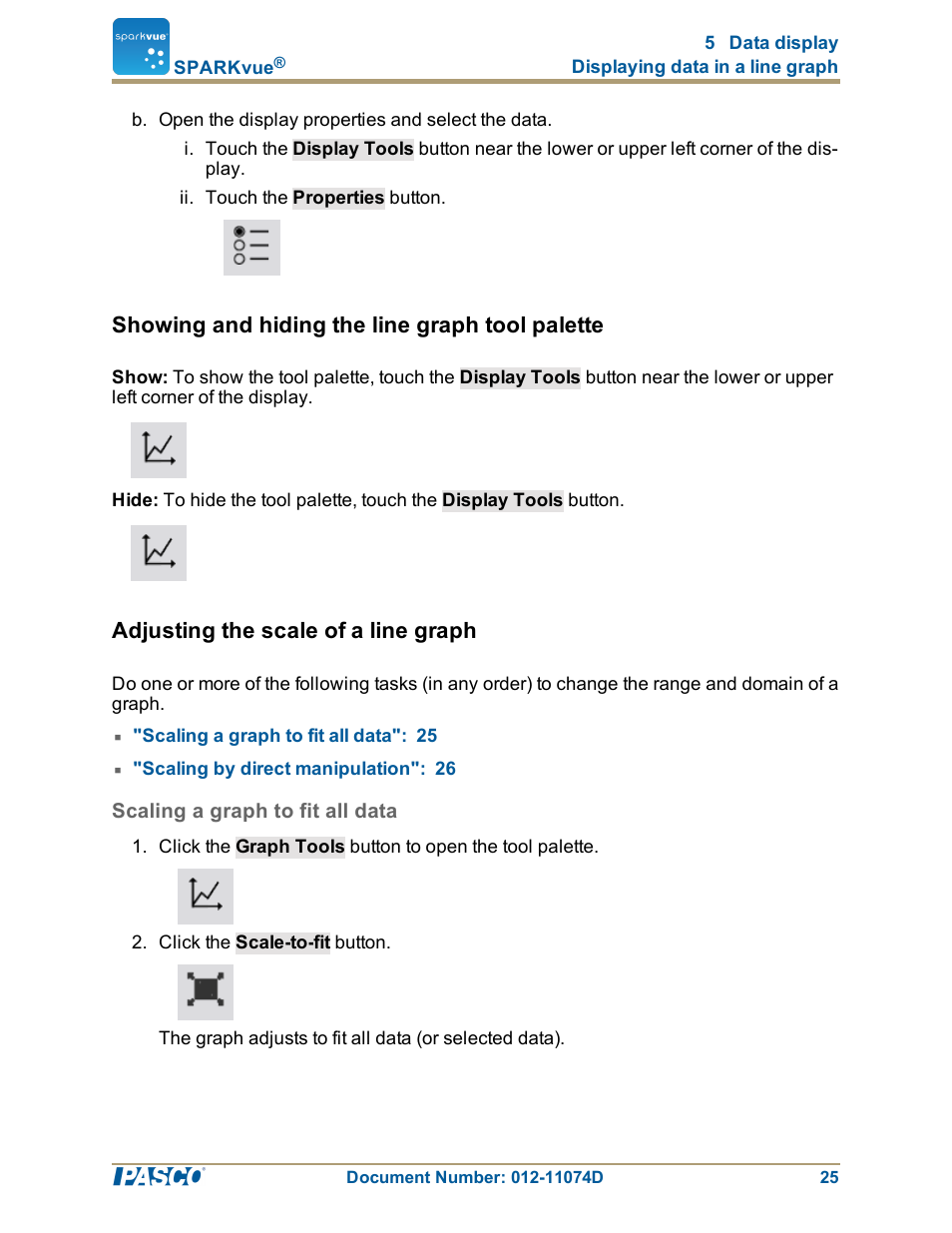 Showing and hiding the line graph tool palette, Adjusting the scale of a line graph, Scaling a graph to fit all data | Adjusting the scale of a line graph": 25 | PASCO SPARKvue ver.2.0 User Manual | Page 37 / 118