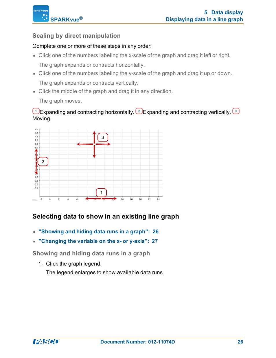 Scaling by direct manipulation, Selecting data to show in an existing line graph, Showing and hiding data runs in a graph | PASCO SPARKvue ver.2.0 User Manual | Page 38 / 118