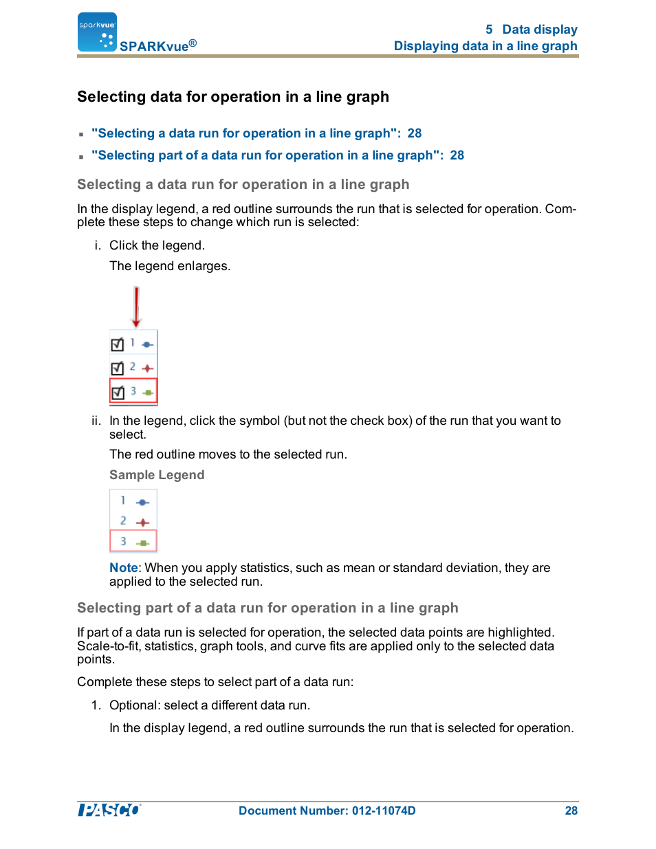 Selecting data for operation in a line graph, Selecting a data run for operation in a line graph, Selecting data for operation in a line graph": 28 | PASCO SPARKvue ver.2.0 User Manual | Page 40 / 118