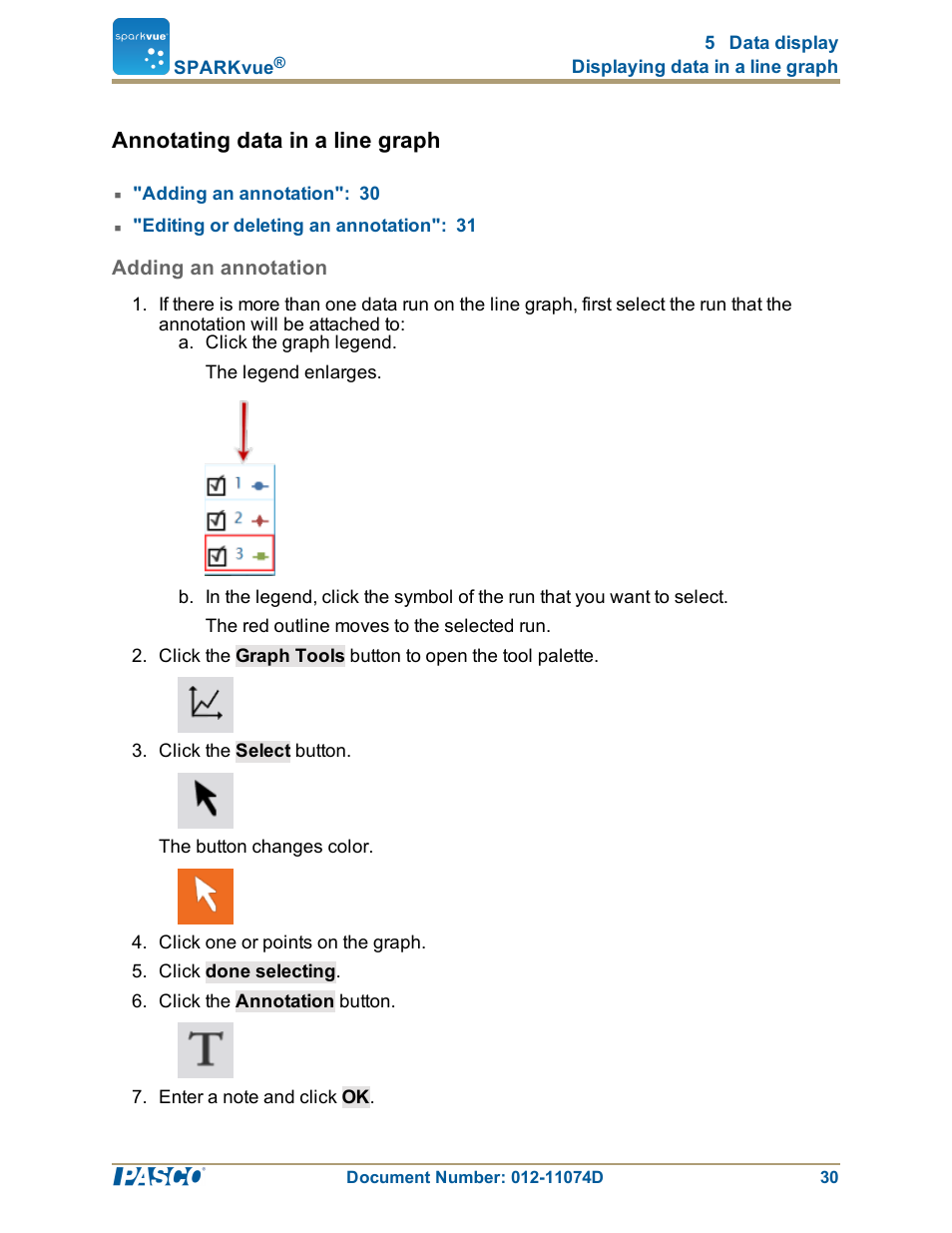 Annotating data in a line graph, Adding an annotation, Annotating data in a line graph": 30 | PASCO SPARKvue ver.2.0 User Manual | Page 42 / 118