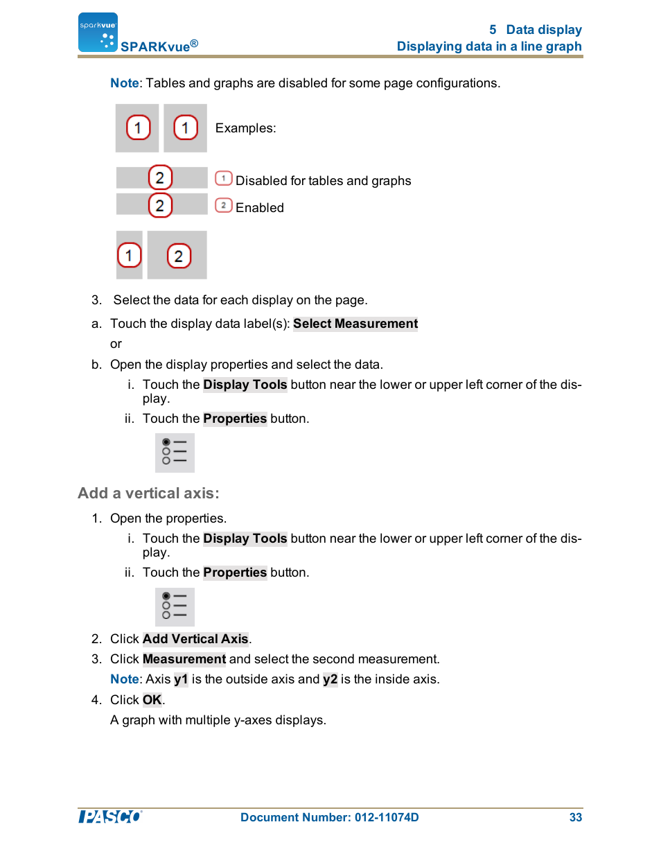 Add a vertical axis:": 33, Add a vertical axis | PASCO SPARKvue ver.2.0 User Manual | Page 45 / 118