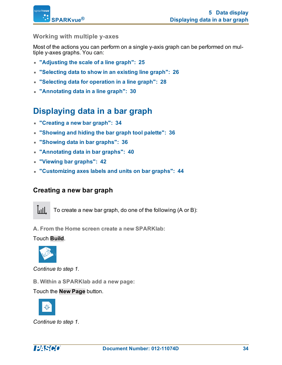 Working with multiple y-axes, Displaying data in a bar graph, Creating a new bar graph | A. from the home screen create a new sparklab, Displaying data in a bar graph": 34, Working with multiple y-axes": 34 | PASCO SPARKvue ver.2.0 User Manual | Page 46 / 118