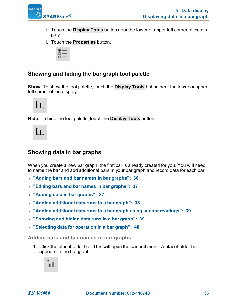 Showing and hiding the bar graph tool palette, Showing data in bar graphs, Adding bars and bar names in bar graphs | Showing and hiding the bar graph tool palette": 36, Showing data in bar graphs": 36 | PASCO SPARKvue ver.2.0 User Manual | Page 48 / 118