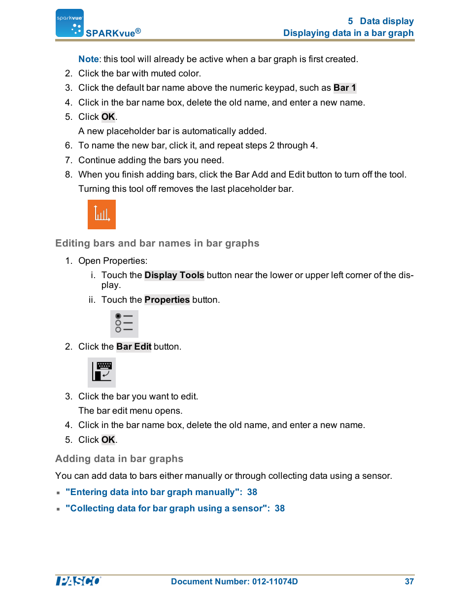 Editing bars and bar names in bar graphs, Adding data in bar graphs, Editing bars and bar names in bar graphs": 37 | Adding data in bar graphs": 37 | PASCO SPARKvue ver.2.0 User Manual | Page 49 / 118
