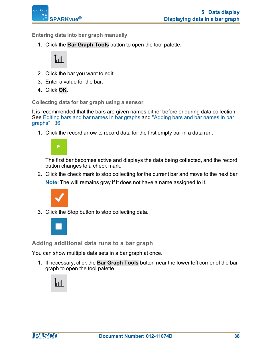 Entering data into bar graph manually, Collecting data for bar graph using a sensor, Adding additional data runs to a bar graph | Adding additional data runs to a bar graph": 38 | PASCO SPARKvue ver.2.0 User Manual | Page 50 / 118