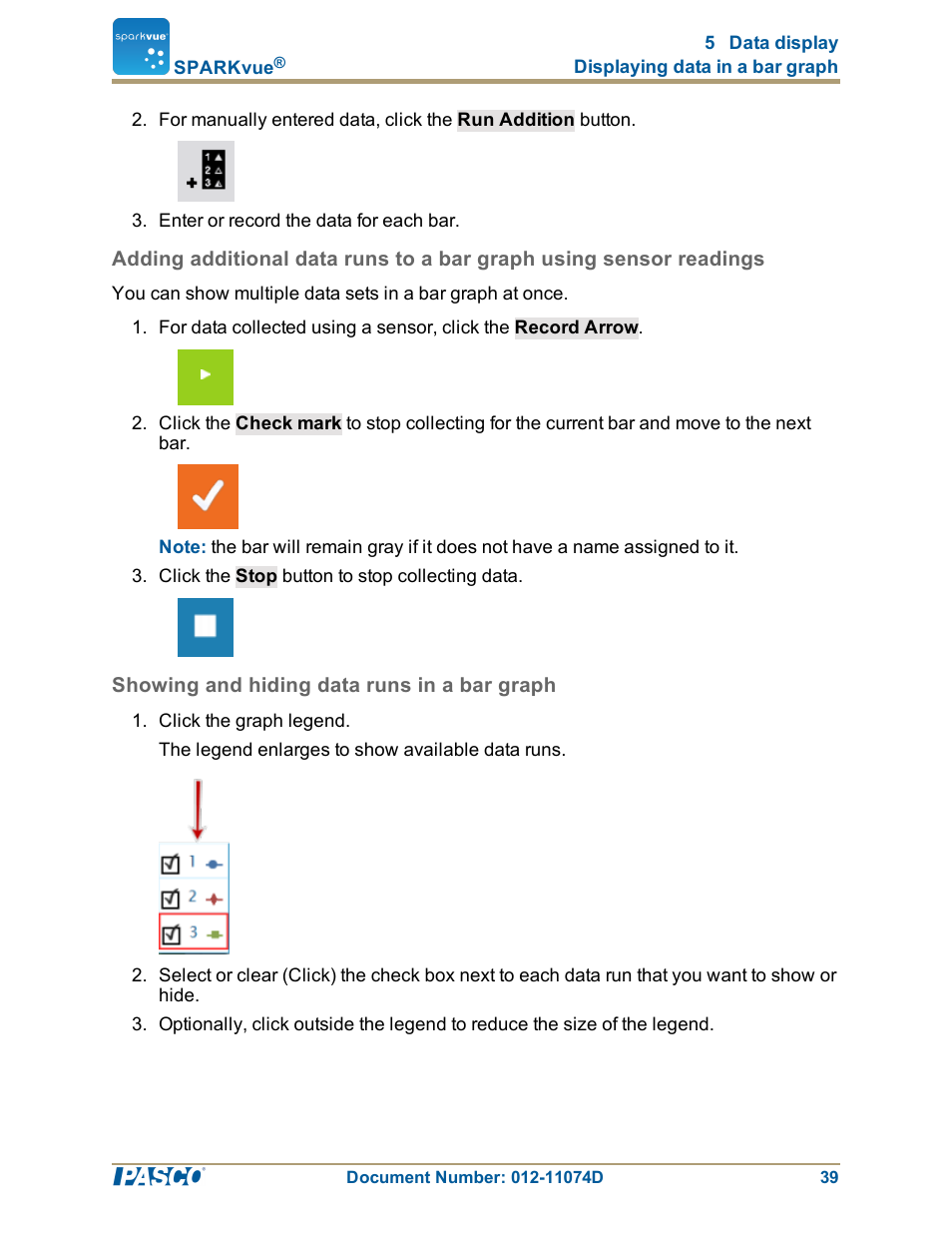 Showing and hiding data runs in a bar graph, Showing and hiding data runs in a bar graph": 39 | PASCO SPARKvue ver.2.0 User Manual | Page 51 / 118