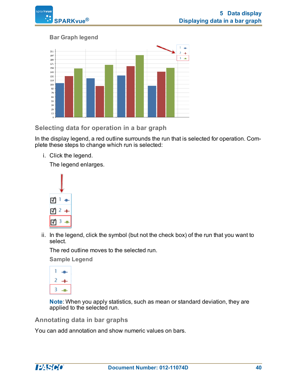 Selecting data for operation in a bar graph, Annotating data in bar graphs, Annotating data in bar graphs": 40 | Selecting data for operation in a bar graph": 40 | PASCO SPARKvue ver.2.0 User Manual | Page 52 / 118