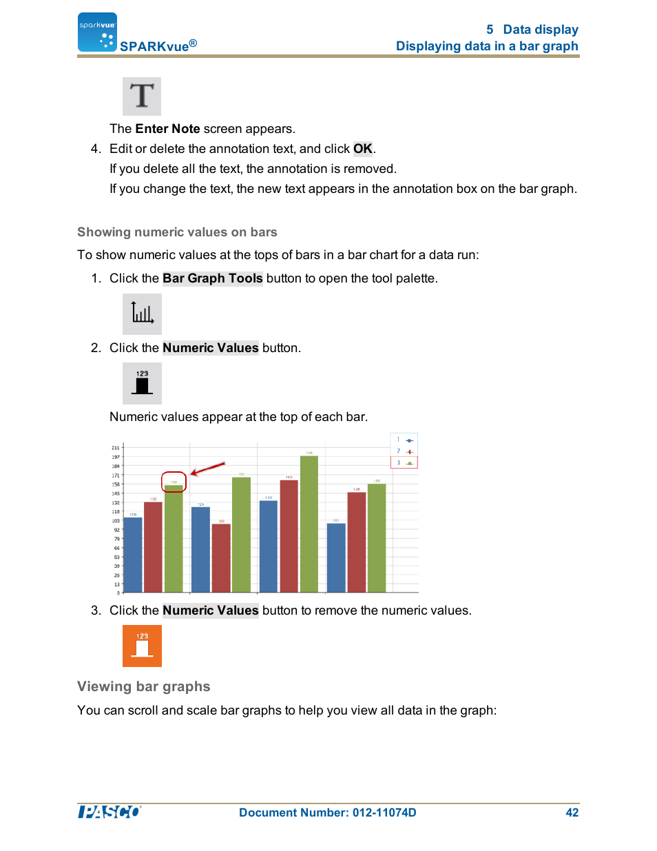 Showing numeric values on bars, Viewing bar graphs, Viewing bar graphs": 42 | PASCO SPARKvue ver.2.0 User Manual | Page 54 / 118