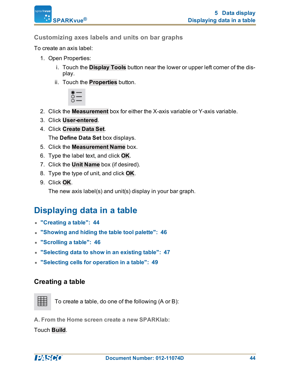 Customizing axes labels and units on bar graphs, Displaying data in a table, Creating a table | A. from the home screen create a new sparklab, Displaying data in a table": 44 | PASCO SPARKvue ver.2.0 User Manual | Page 56 / 118