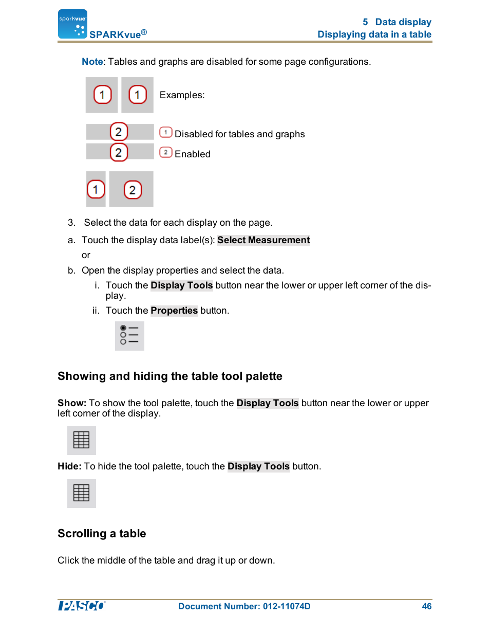 Showing and hiding the table tool palette, Scrolling a table, Showing and hiding the table tool palette": 46 | Scrolling a table": 46 | PASCO SPARKvue ver.2.0 User Manual | Page 58 / 118