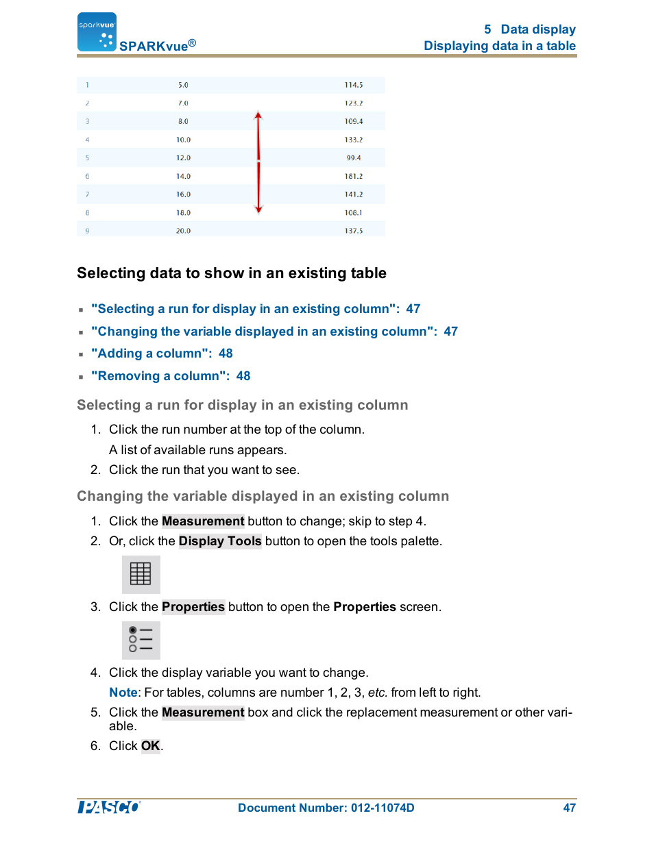 Selecting data to show in an existing table, Selecting a run for display in an existing column, Selecting data to show in an existing table": 47 | PASCO SPARKvue ver.2.0 User Manual | Page 59 / 118