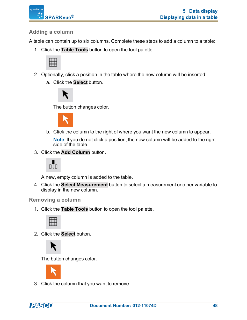 Adding a column, Removing a column, Adding a column": 48 | Removing a column": 48 | PASCO SPARKvue ver.2.0 User Manual | Page 60 / 118