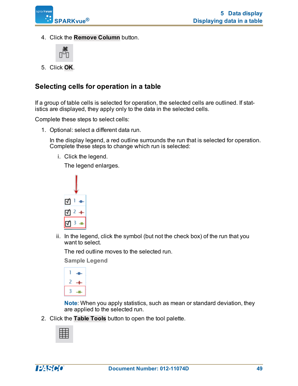 Selecting cells for operation in a table, Selecting cells for operation in a table": 49 | PASCO SPARKvue ver.2.0 User Manual | Page 61 / 118