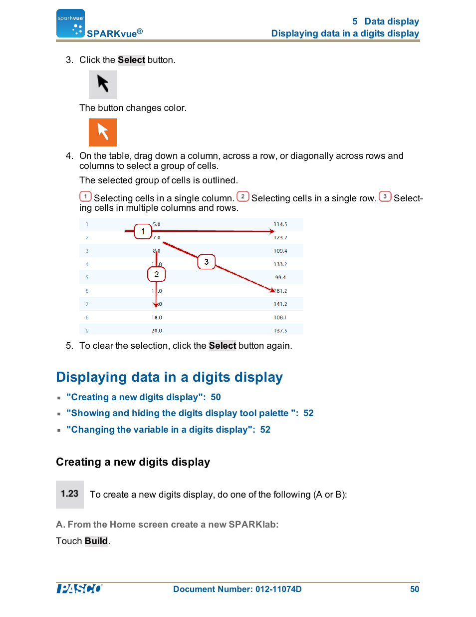 Displaying data in a digits display, Creating a new digits display, A. from the home screen create a new sparklab | Displaying data in a digits display": 50 | PASCO SPARKvue ver.2.0 User Manual | Page 62 / 118