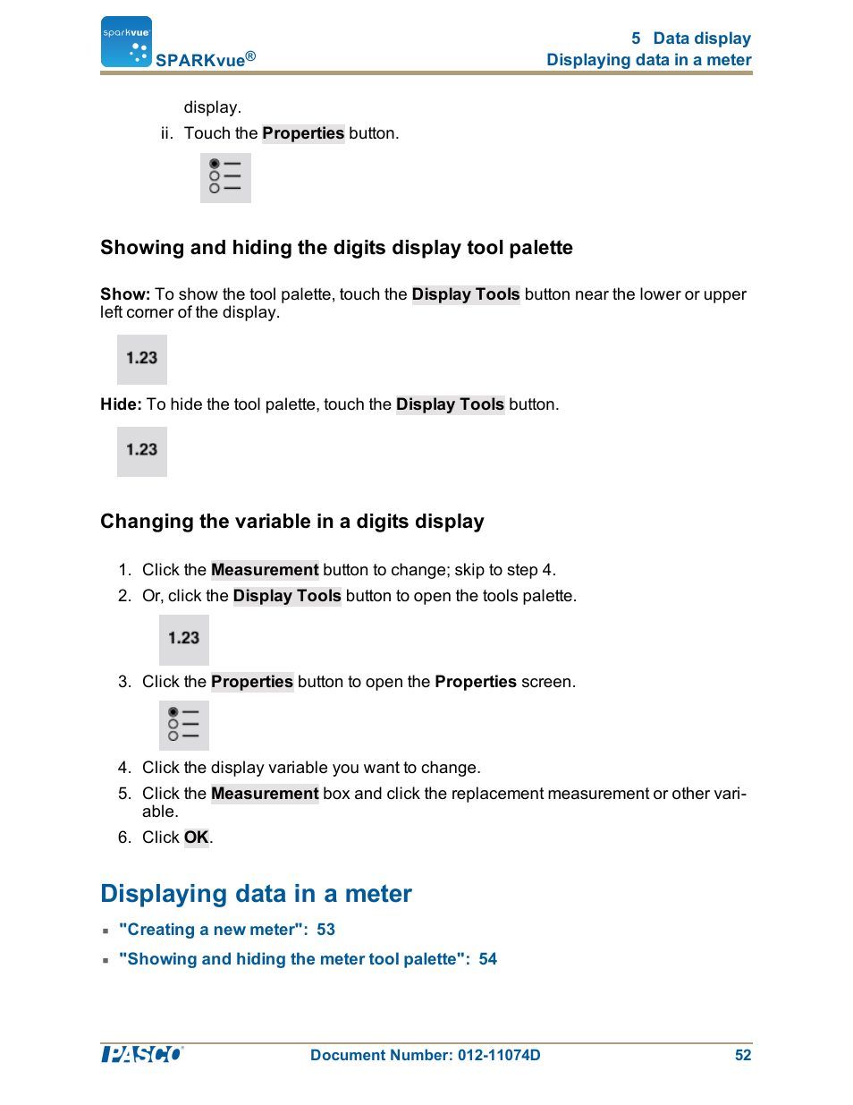 Showing and hiding the digits display tool palette, Changing the variable in a digits display, Displaying data in a meter | Displaying data in a meter": 52 | PASCO SPARKvue ver.2.0 User Manual | Page 64 / 118